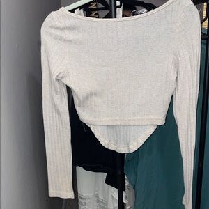 SHEIN Cream Ribbed Off-Shoulder Long Sleeve Cropped Top — XS